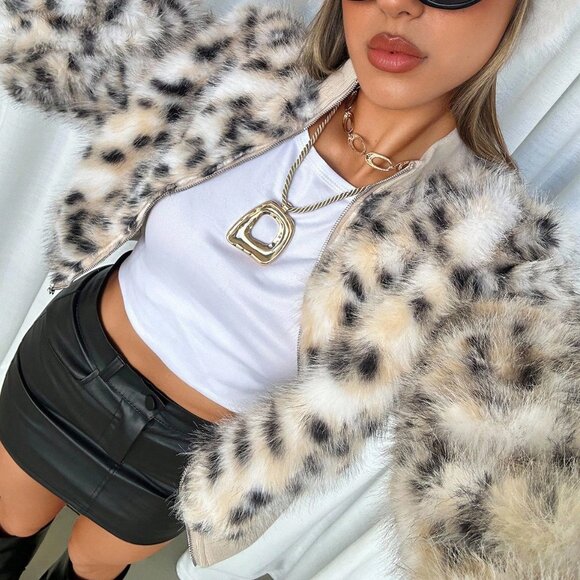 Khaki Casual Women's Leopard Animal Print Faux Fur Coat - Picture 6 of 8